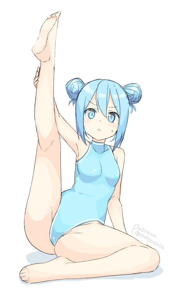 1girl armpits bangs bare_arms bare_legs bare_shoulders barefoot blue_eyes blue_hair blue_leotard blush breasts commentary_request covered_collarbone double_bun eyebrows_visible_through_hair hair_between_eyes hatsunatsu leg_up leotard looking_at_viewer original parted_lips patreon_username shadow sidelocks small_breasts solo sweat v-shaped_eyebrows white_background