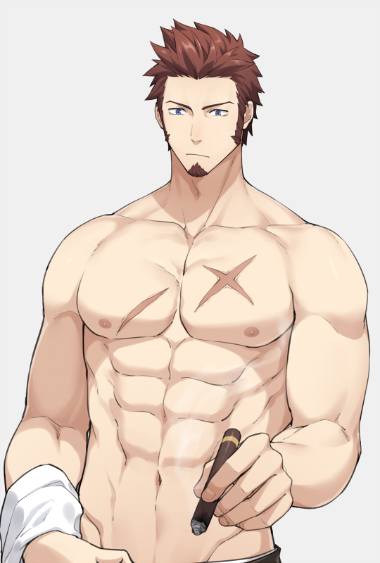 1boy 47_(479992103) abs bara beard blue_eyes brown_hair chest cigar facial_hair fate/grand_order fate_(series) looking_at_viewer male_focus manly muscle napoleon_bonaparte_(fate/grand_order) nipples pectorals scar simple_background solo