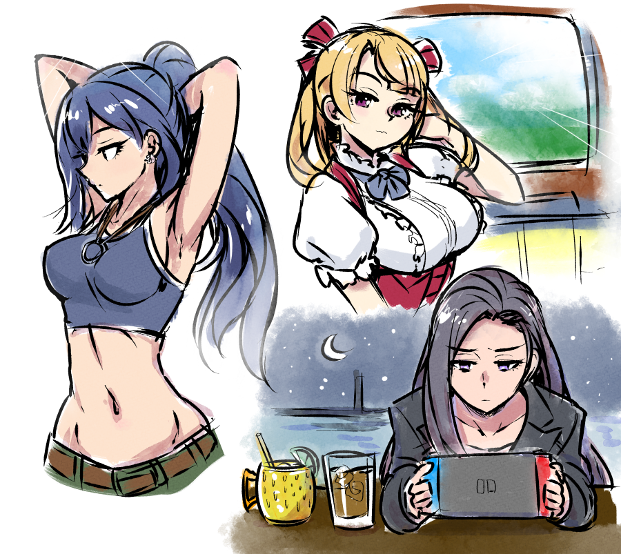 3girls akairiot alcohol arc_system_works arms_up beer belt blonde_hair blue_hair blue_neckwear breasts crescent_moon earrings eyebrows_visible_through_hair eyelashes food frills fruit grey_hair hand_in_hair ice ice_cube jewelry kamishiro_saya large_breasts lemon lighthouse long_hair midriff moon multiple_girls necklace night night_sky nintendo_switch otonashi_yukino pants ponytail red_eyes ribbon ryuzaki_ryoko simple_background sketch sky twintails violet_eyes water worldend_syndrome