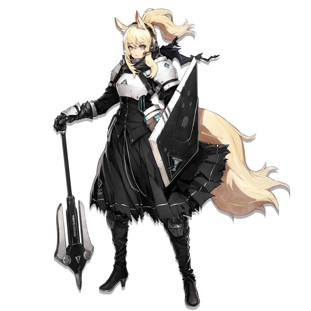 1girl animal_ear_fluff animal_ears arknights armor armored_gloves axe bangs black_dress black_footwear black_gloves black_jacket black_scarf black_skirt blonde_hair boots breastplate breasts closed_mouth dress elbow_gloves expressionless eyebrows_visible_through_hair floating_hair full_body gloves hair_between_eyes headset high_heel_boots high_heels holding holding_shield holding_weapon horse_ears horse_tail jacket knee_pads large_breasts long_hair looking_at_viewer nearl_(arknights) official_art orange_eyes pauldrons ponytail ryuuzaki_ichi scarf shield sidelocks skirt solo tachi-e tail torn_scarf weapon wind yellow_eyes