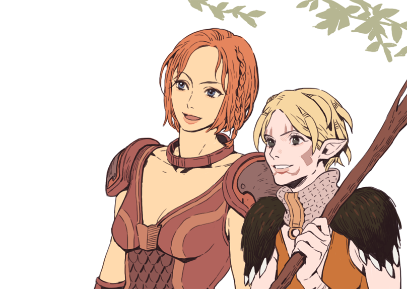 2girls armor blonde_hair blue_eyes braid bw2gold choker dragon_age dragon_age:_origins elf facial_tattoo grey_warden leliana_(dragon_age) multiple_girls orange_hair pointy_ears short_hair shoulder_armor staff tattoo