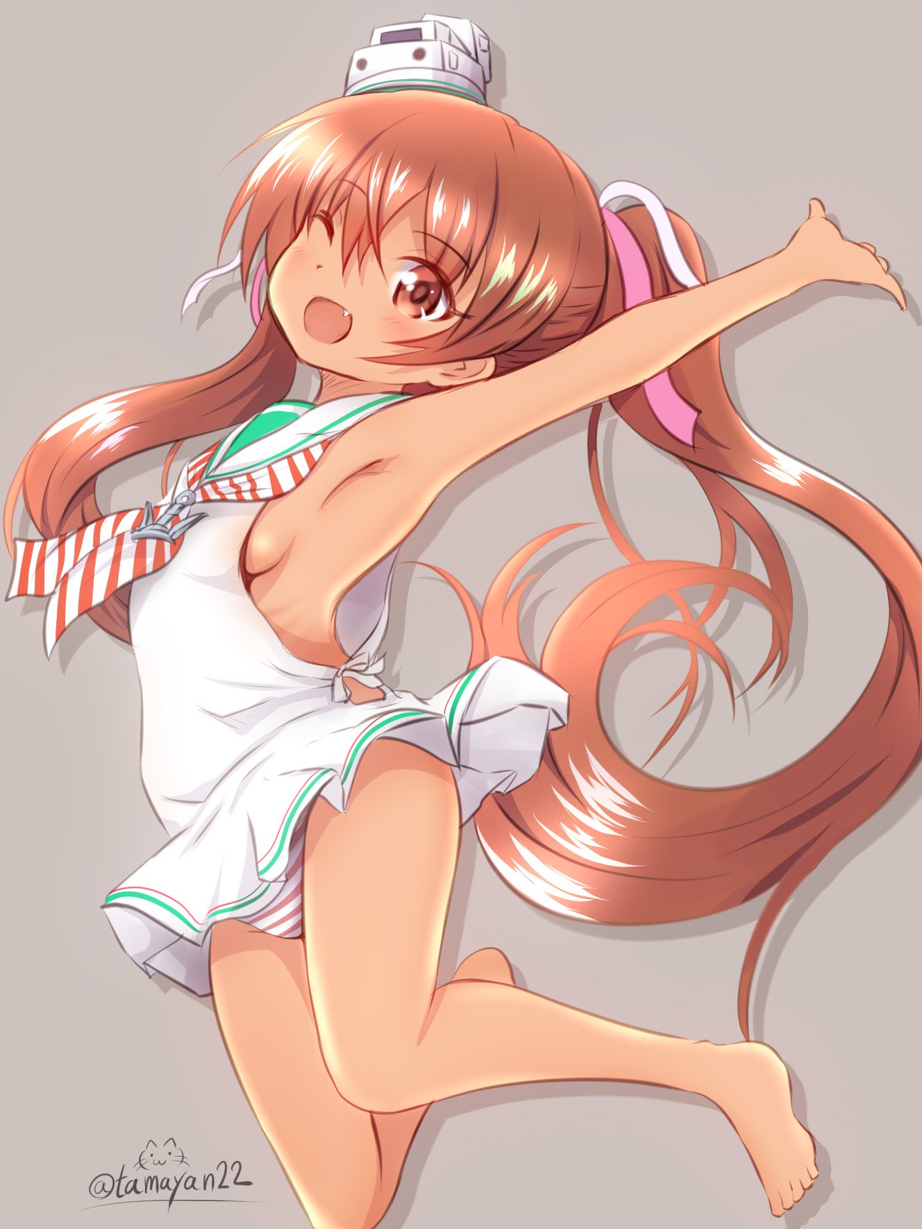 1girl arm_up bare_legs bare_shoulders breasts brown_hair fang hair_ornament hair_ribbon highres kantai_collection libeccio_(kantai_collection) long_hair neckerchief no_bra one_eye_closed open_mouth panties ribbon sideboob small_breasts smile solo striped striped_panties tamayan twintails twitter_username underwear
