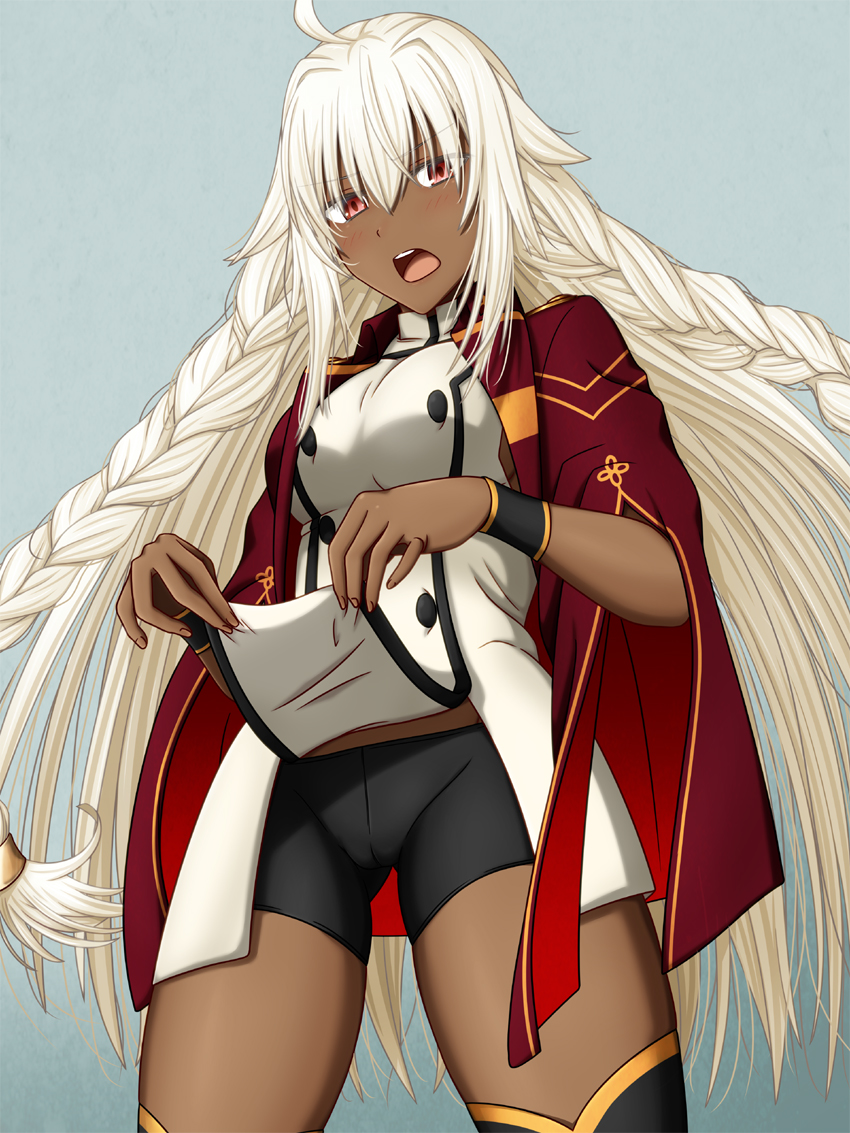 1girl :o ahoge bike_shorts black_legwear black_shorts blush braid breasts cape cowboy_shot dark_skin eyebrows_visible_through_hair fate/grand_order fate_(series) hair_between_eyes hasebe_akira lakshmibai_(fate/grand_order) long_hair medium_breasts red_cape red_eyes shirt shirt_lift shorts side_braids solo thigh-highs twin_braids very_long_hair white_hair white_shirt