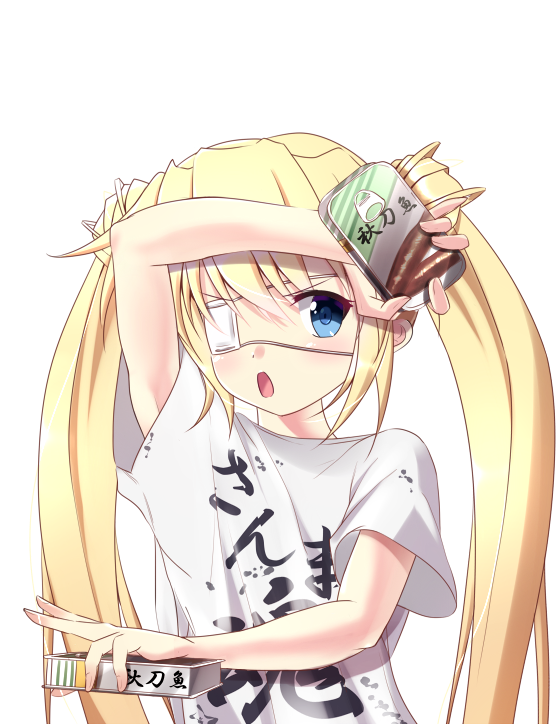 1girl :o arm_up bangs blonde_hair blue_eyes eyepatch holding long_hair looking_at_viewer nakatsu_shizuru print_shirt rewrite shirt short_sleeves simple_background solo standing tagame_(tagamecat) upper_body very_long_hair white_background white_shirt