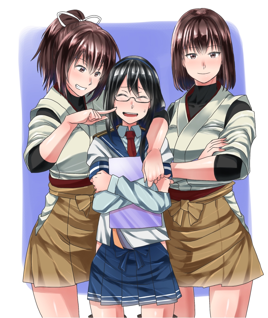 3girls bangs black_hair blush breasts brown_eyes brown_hair cheek_poking closed_eyes crossed_arms glasses grin hair_ribbon hairband hakama hip_vent hyuuga_(kantai_collection) ise_(kantai_collection) japanese_clothes kantai_collection killing-inthe-name long_hair long_sleeves multiple_girls necktie nontraditional_miko ooyodo_(kantai_collection) open_mouth poking ponytail red_neckwear ribbon sailor_collar school_uniform semi-rimless_eyewear serafuku short_hair simple_background skirt smile sweat under-rim_eyewear undershirt