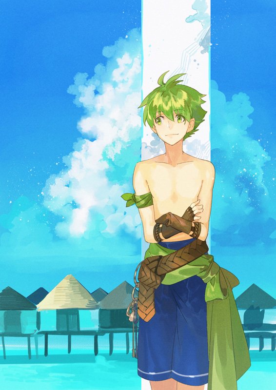 1boy bare_chest blue_sky fire_emblem fire_emblem:_fuuin_no_tsurugi fire_emblem:_the_binding_blade fire_emblem_heroes green_eyes green_hair intelligent_systems leaning_on_object male_swimwear nintendo noki_(affabile) outdoors shorts sky smile solo swim_trunks wolt