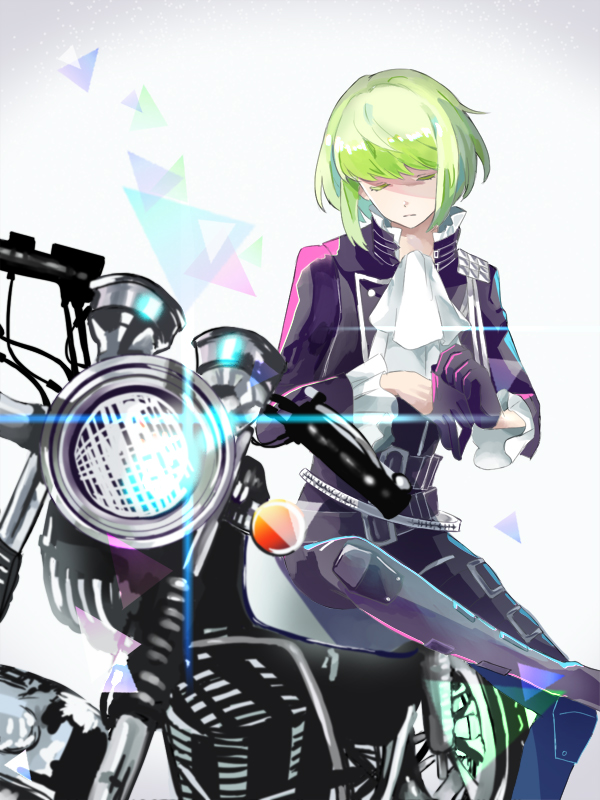 1boy artist_request black_gloves black_jacket blonde_hair closed_eyes cravat earrings gloves green_hair ground_vehicle half_gloves jacket jewelry lio_fotia male_focus motor_vehicle motorcycle open_mouth promare solo