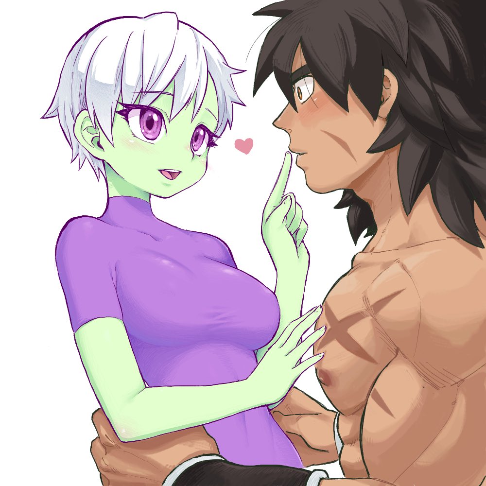 1boy 1girl arms_around_waist black_hair broly_(dragon_ball_super) brown_eyes cheelai chest_scar commentary_request covered_navel dragon_ball dragon_ball_super_broly eyebrows_visible_through_hair eyelashes facial_scar finger_to_another's_mouth green_skin gureshi_db hand_on_another's_chest looking_at_another muscle open_mouth parted_lips scar short_hair smile upper_body violet_eyes white_background white_hair wristband