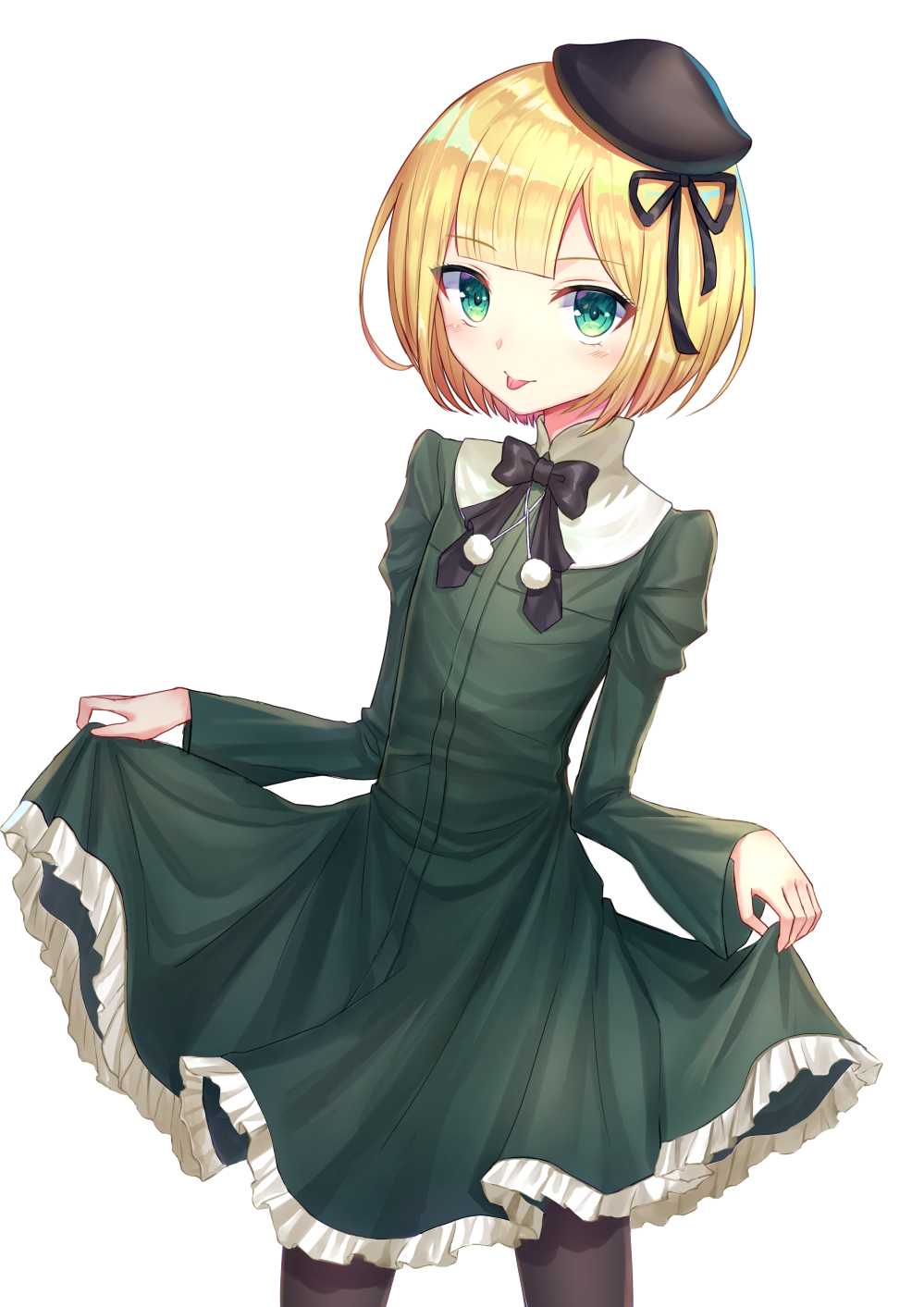 1girl bangs beret black_bow black_headwear black_legwear black_ribbon blonde_hair blunt_bangs blush bow closed_mouth commentary_request dress eyebrows_visible_through_hair fate_(series) frilled_dress frills green_dress green_eyes hair_ribbon hat highres juliet_sleeves long_sleeves looking_at_viewer lord_el-melloi_ii_case_files mini_hat pantyhose pom_pom_(clothes) puffy_sleeves reines_el-melloi_archisorte revision ribbon seungju_lee short_hair simple_background skirt_hold solo tilted_headwear tongue tongue_out white_background