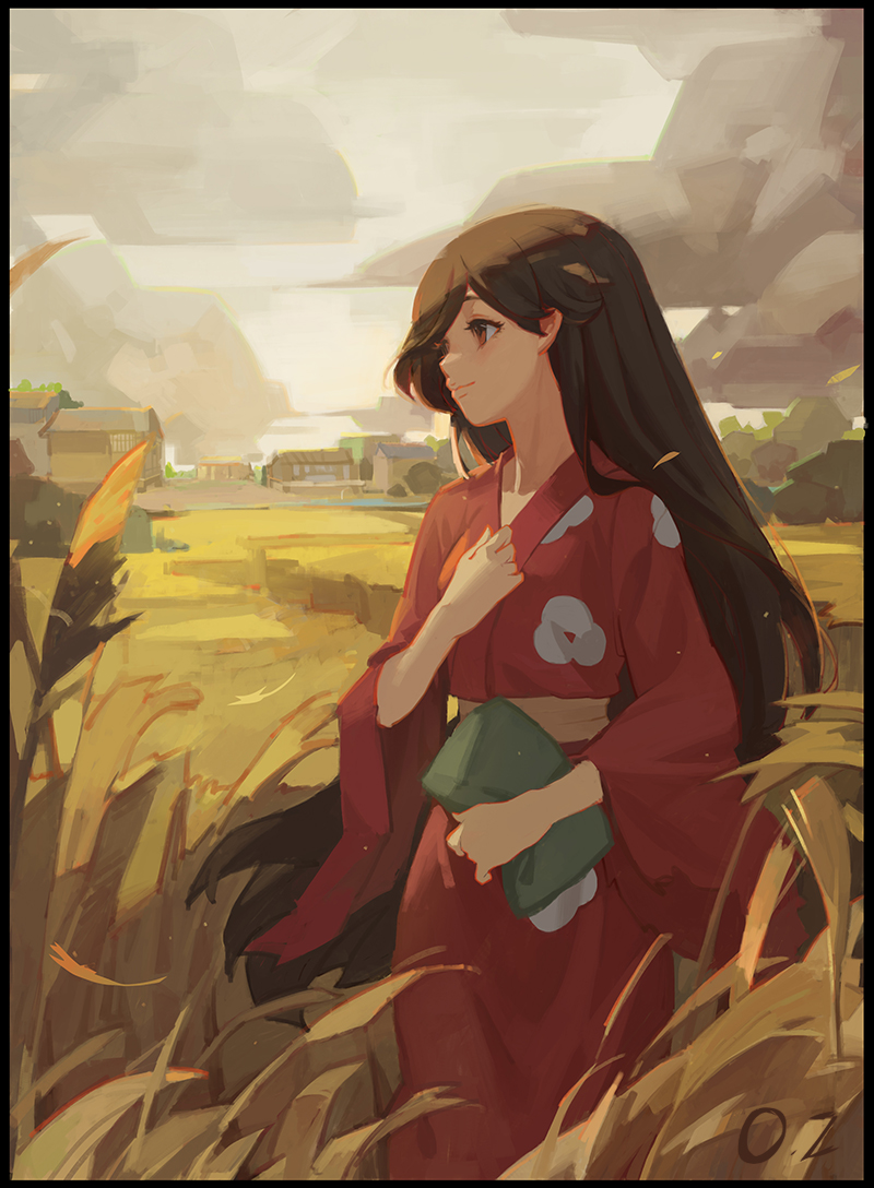 1girl black_hair building clouds day dayfuture dororo_(tezuka) floral_print hand_up japanese_clothes kimono mio_(dororo) outdoors red_eyes red_kimono signature solo standing town white_sky