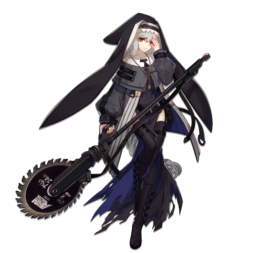 1girl arknights bangs black_footwear black_headwear black_legwear black_nails blush boots breasts capelet coat eyebrows_visible_through_hair garter_straps grey_capelet grey_coat grey_hair habit hair_between_eyes hand_up holding holding_weapon jewelry knee_boots long_hair looking_at_viewer medium_breasts nail_polish necklace nun off_shoulder official_art open_clothes open_coat parted_lips pelvic_curtain red_eyes saw sidelocks skade smile solo specter_(arknights) tachi-e thigh-highs transparent_background tsurime turtleneck weapon
