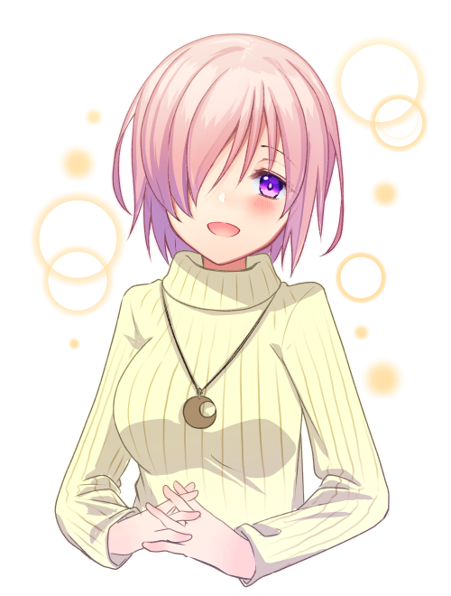 1girl :d bangs blush brown_sweater crescent cropped_torso eyebrows_visible_through_hair fate/grand_order fate_(series) hair_over_one_eye hands_together interlocked_fingers ittokyu jewelry long_sleeves mash_kyrielight open_mouth own_hands_together pendant pink_hair ribbed_sweater smile solo sweater turtleneck turtleneck_sweater upper_body violet_eyes white_background