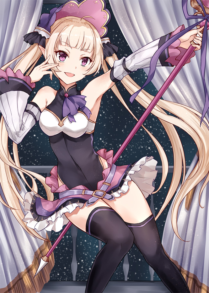 1girl :d asle bangs bare_shoulders belt_buckle black_legwear black_leotard blonde_hair blunt_bangs breasts buckle commentary_request covered_navel curtains detached_sleeves eyebrows_visible_through_hair frilled_skirt frills holding holding_staff leotard long_hair night night_sky nijimura_yuki open_mouth outstretched_arm pink_skirt pointy_ears princess_connect! princess_connect!_re:dive purple_belt railing sidelocks skirt sky small_breasts smile solo staff star_(sky) starry_sky thigh-highs twintails v-shaped_eyebrows very_long_hair violet_eyes white_sleeves