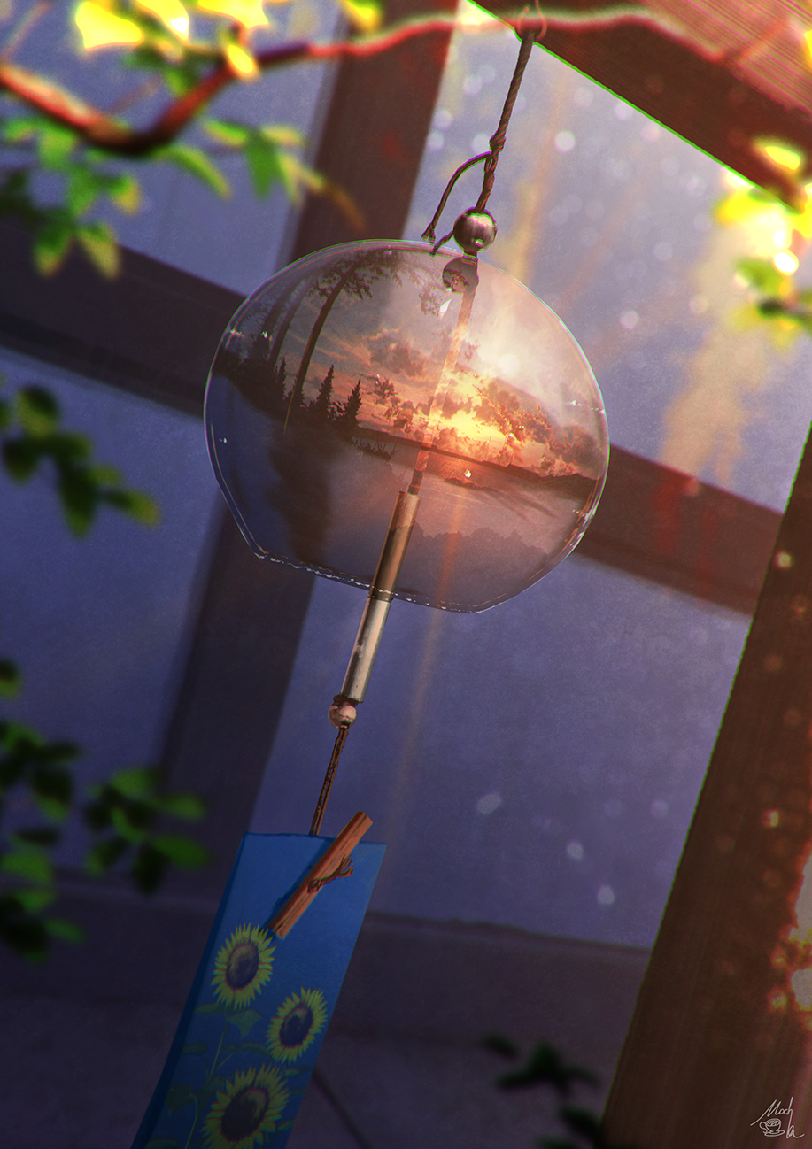 blurry blurry_foreground clouds cloudy_sky commentary_request depth_of_field dutch_angle evening highres mocha_(cotton) no_humans original reflection scenery signature sky sunset twilight wind_chime wind_chime_focus