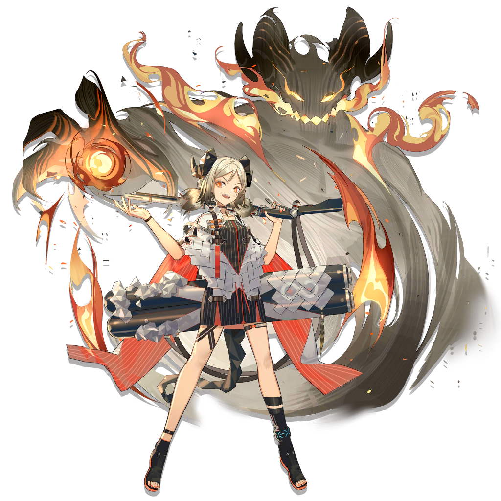 1girl :d arknights bangs black_footwear blonde_hair boots breasts canister choker cloak dress eyebrows_visible_through_hair fire flamethrower flat_chest full_body gas_tank gradient_hair grey_dress grey_hair gun hand_up holding holding_gun holding_weapon horns ifrit_(arknights) leg_strap looking_at_viewer low_twintails multicolored_hair official_art open_mouth open_toe_shoes orange_eyes orange_nails parted_bangs sho_(sho_lwlw) short_dress sidelocks slit_pupils smile solo striped striped_dress tachi-e tail thigh_strap toeless_boots toenail_polish tongue tongue_out transparent_background twintails weapon white_cloak
