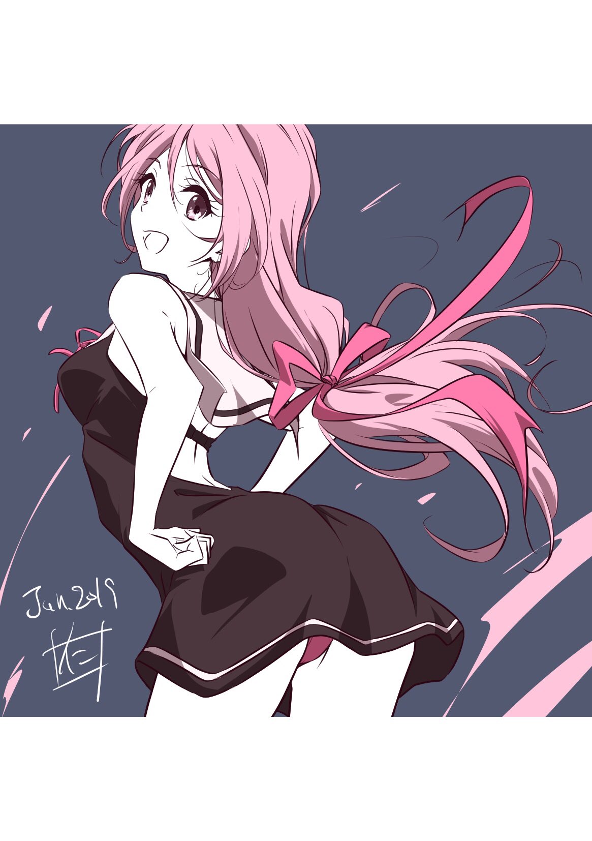 1girl :d backless_dress backless_outfit black_bra black_dress bra cowboy_shot dated dress floating_hair grey_background hair_between_eyes hair_ribbon highres leaning_forward long_hair looking_back neck_ribbon nii_manabu open_mouth original panties pantyshot pantyshot_(standing) pink_eyes pink_hair pink_panties pink_ribbon ribbon sailor_collar short_dress signature sleeveless sleeveless_dress smile solo standing tied_hair two-tone_background underwear very_long_hair white_background white_sailor_collar