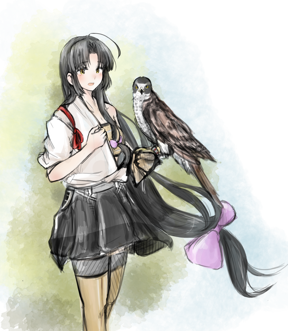 1girl bandeau bird falcon falconry gloves hadanugi_dousa hinata_hibari japanese_clothes kantai_collection shouhou_(kantai_collection) solo thigh-highs