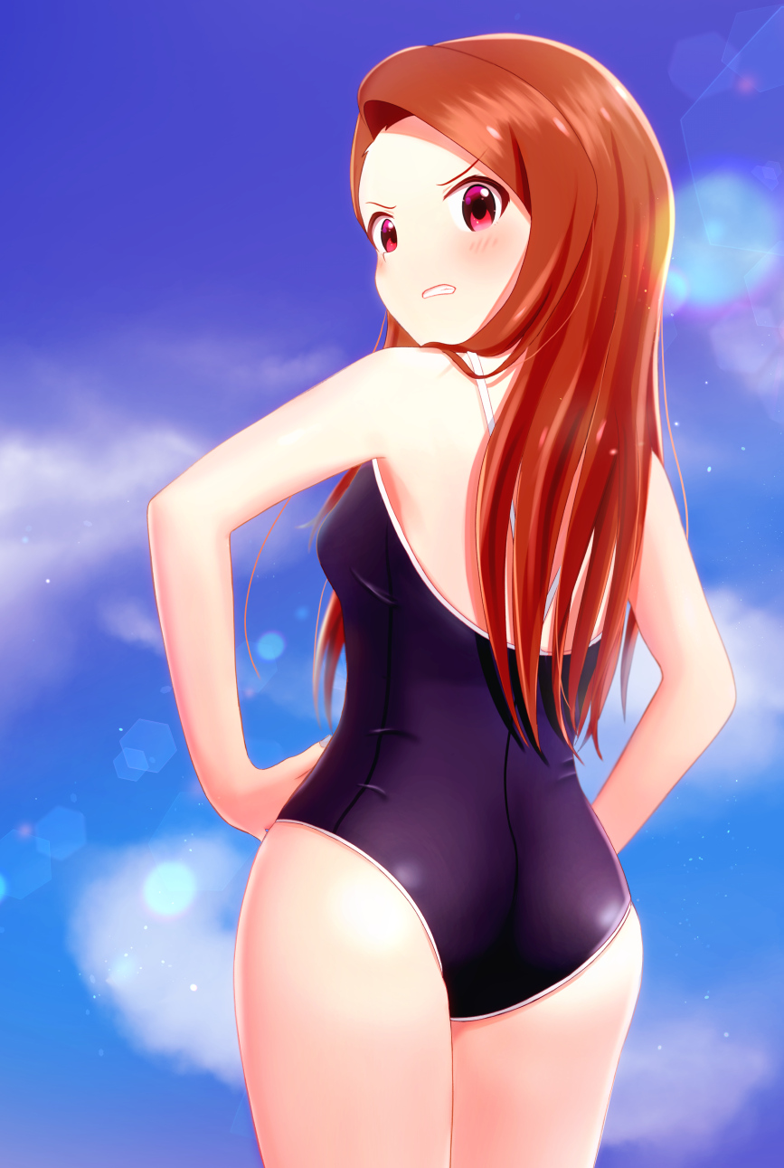 1girl blue_sky blue_swimsuit blurry blurry_background blush breasts brown_hair clenched_teeth clouds cowboy_shot hands_on_hips highres idolmaster idolmaster_(classic) lens_flare long_hair looking_at_viewer minase_iori red_eyes runmo77 school_swimsuit shiny shiny_hair shiny_swimsuit sky small_breasts solo standing swimsuit teeth very_long_hair