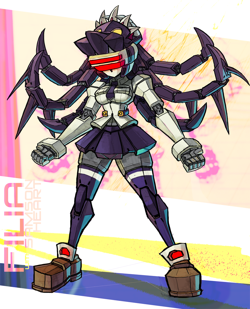 1girl black_hair black_legwear breasts character_name clenched_hands commentary english_commentary extra_mouth filia_(skullgirls) full_body jonathan_kim living_hair long_hair mechanization no_pupils prehensile_hair robot robot_joints samson_(skullgirls) school_uniform skullgirls small_breasts solo standing thigh-highs visor