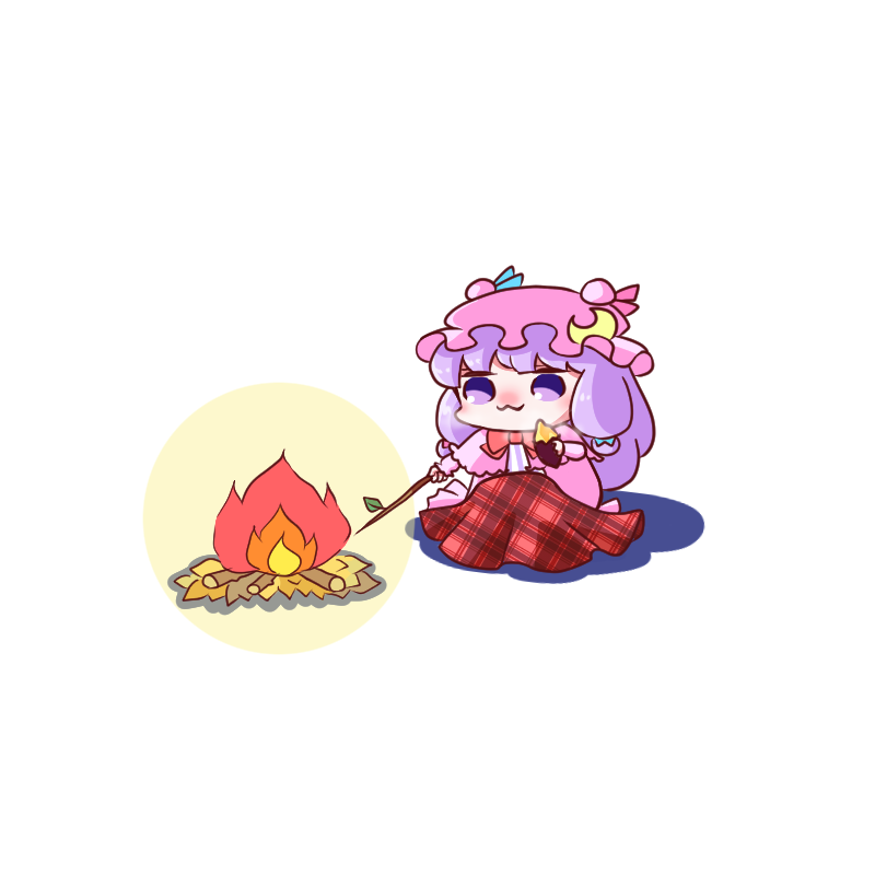 1girl :3 ajitsuki bangs blanket blush bow bowtie campfire chibi commentary_request crescent crescent_hat_ornament double_bun dress eating fire food hat hat_ornament holding holding_food holding_stick leaf mob_cap patchouli_knowledge pink_dress pink_headwear plaid_blanket purple_hair red_bow red_bowtie red_neckwear simple_background sitting solo stick striped striped_dress sweet_potato touhou twig vertical-striped_dress vertical_stripes violet_eyes white_background