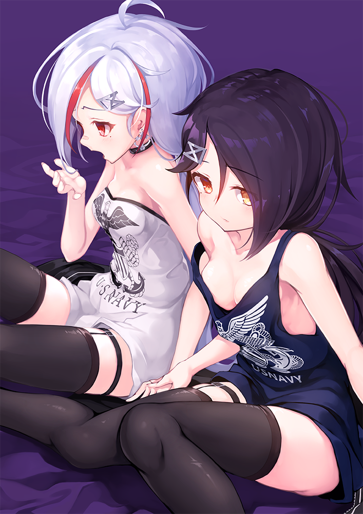 2girls ahoge azur_lane bandaid bandaid_on_nose bare_shoulders black_hair black_legwear breasts cassin_(azur_lane) collarbone downes_(azur_lane) earrings eyebrows_visible_through_hair hair_ornament hairclip heterochromia jewelry kurenai_musume long_hair looking_at_viewer low_ponytail mole mole_under_eye multicolored_hair multiple_girls open_mouth red_eyes redhead retrofit_(azur_lane) shirt small_breasts strap_slip streaked_hair thigh-highs thigh_strap two-tone_hair white_hair yellow_eyes