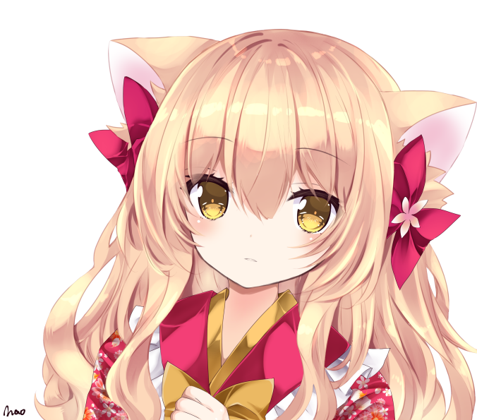 1girl animal_ear_fluff animal_ears bangs blush bow brown_bow brown_eyes cat_ears closed_mouth commentary_request eyebrows_visible_through_hair floral_print flower hair_between_eyes hair_bow hand_up japanese_clothes kimono light_brown_hair long_hair looking_at_viewer nanase_kureha nanase_nao original pink_flower print_kimono purple_bow red_kimono signature simple_background solo upper_body white_background