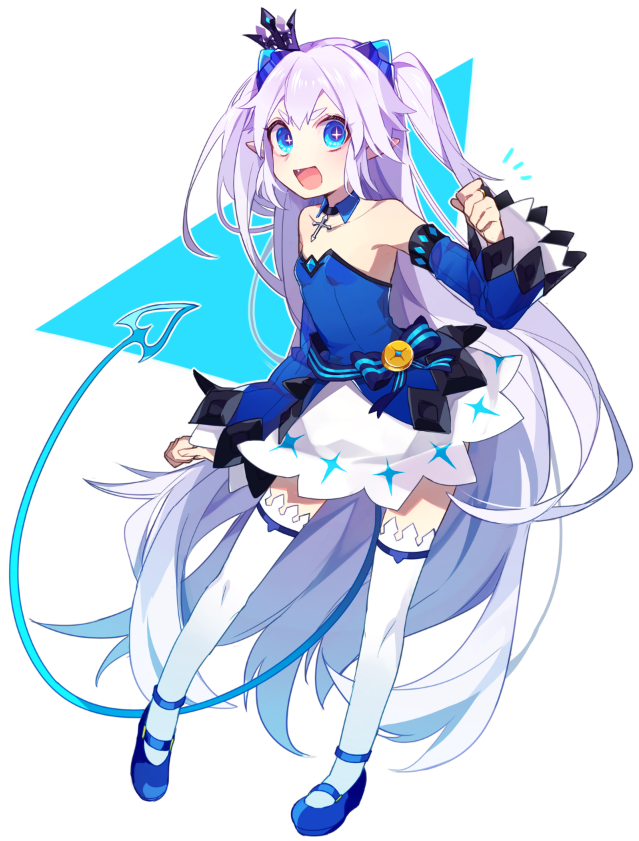 +_+ 1girl :d blue_eyes blue_footwear blue_sleeves breasts collarbone crown demon_tail detached_collar detached_sleeves elsword fang full_body headgear jewelry long_hair long_sleeves luciela_r._sourcream mary_janes mini_crown miniskirt misusugi necklace open_mouth shoes silver_hair skirt small_breasts smile solo standing strapless tail thigh-highs twintails very_long_hair white_background white_legwear white_skirt wide_sleeves wing_collar zettai_ryouiki