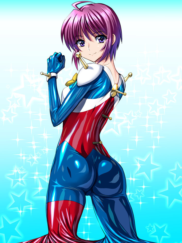 1girl ahoge allenby_beardsley allenby_beardsley_(cosplay) ass blue_background blue_bodysuit bodysuit cosplay cowboy_shot g_gundam gradient gradient_background gundam gundam_seed gundam_seed_destiny looking_at_viewer lunamaria_hawke mobile_trace_suit multicolored multicolored_bodysuit multicolored_clothes purple_hair red_bodysuit revision sen_(sansui) short_hair skin_tight solo sparkle_background star starry_background violet_eyes