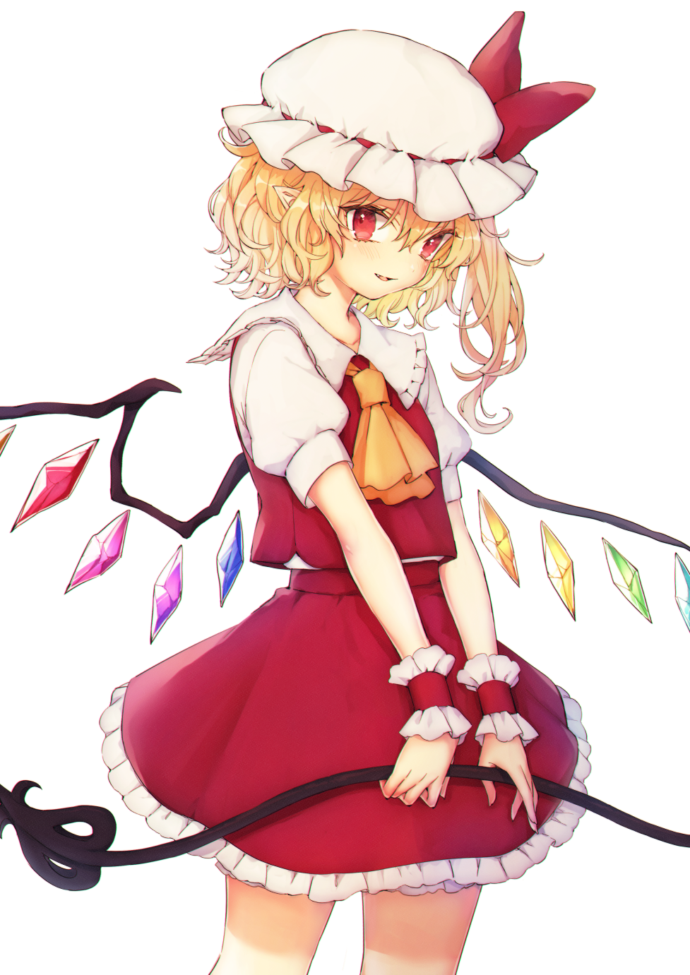 1girl ascot bangs blonde_hair bow commentary cowboy_shot crystal flandre_scarlet frilled_shirt_collar frills hair_between_eyes hat hat_bow highres holding honotai laevatein long_hair looking_at_viewer miniskirt mob_cap one_side_up parted_lips petticoat pointy_ears puffy_short_sleeves puffy_sleeves red_bow red_eyes red_skirt red_vest shirt short_sleeves simple_background skirt skirt_set smile solo standing touhou vest white_background white_headwear white_shirt wings wrist_cuffs yellow_neckwear