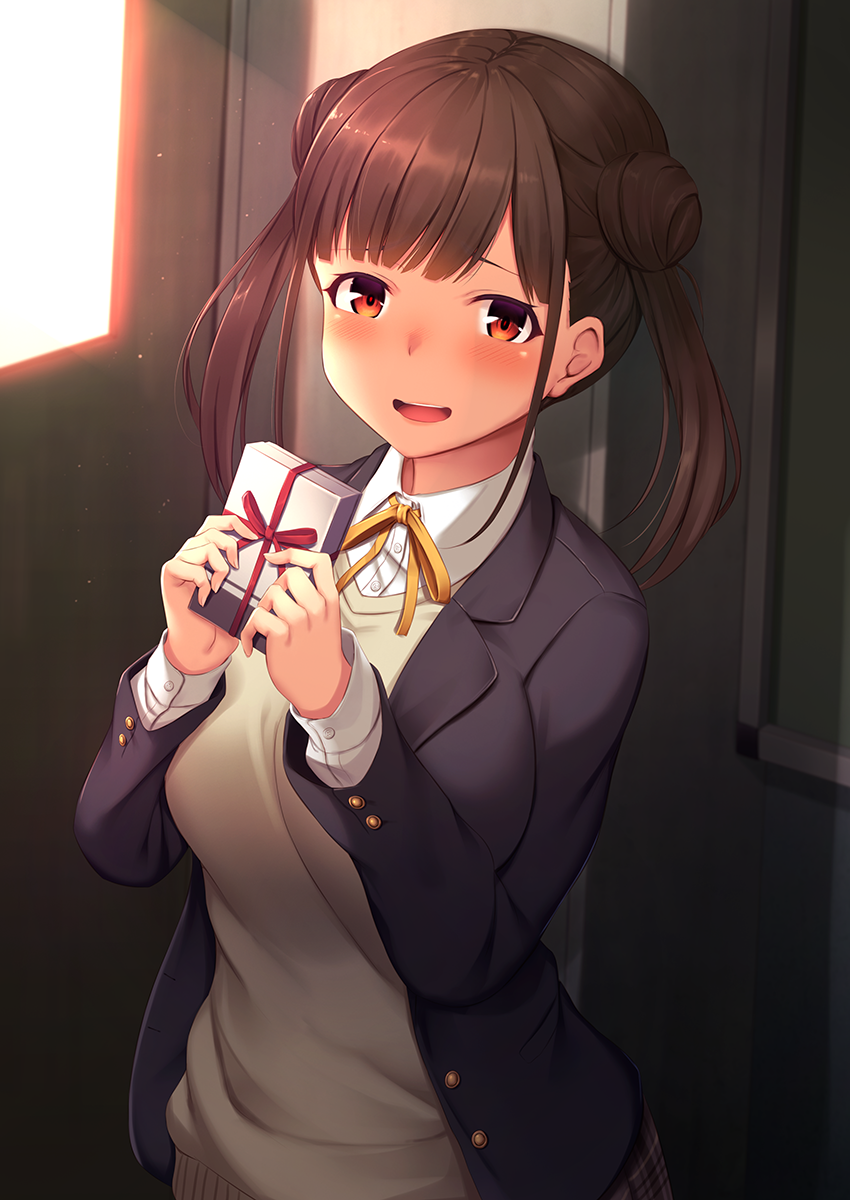 1girl bangs blazer blunt_bangs blush box brown_hair double_bun gift gift_box highres idolmaster idolmaster_shiny_colors indoors jacket looking_at_viewer medium_hair momo_no_kanzume open_mouth red_eyes school_uniform short_twintails solo sonoda_chiyoko sweater_vest twintails upper_body