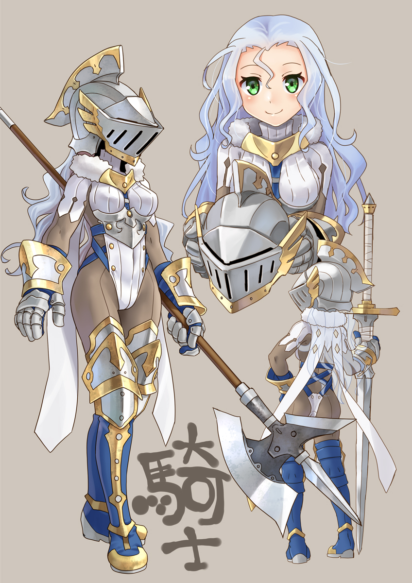 1girl armor ass back blue_hair bodysuit boots breasts forehead gauntlets green_eyes grey_background hair_between_eyes halberd headwear_removed helmet helmet_removed highres holding holding_weapon katahira_masashi knight long_hair long_sword looking_at_viewer multiple_views original polearm shin_guards simple_background smile translated weapon