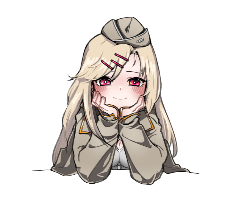 1girl blonde_hair blush chin_rest closed_mouth girls_frontline hair_ornament hairclip hat jacket long_hair looking_at_viewer m1919_(girls_frontline) mogijabgo open_clothes red_eyes simple_background smile solo