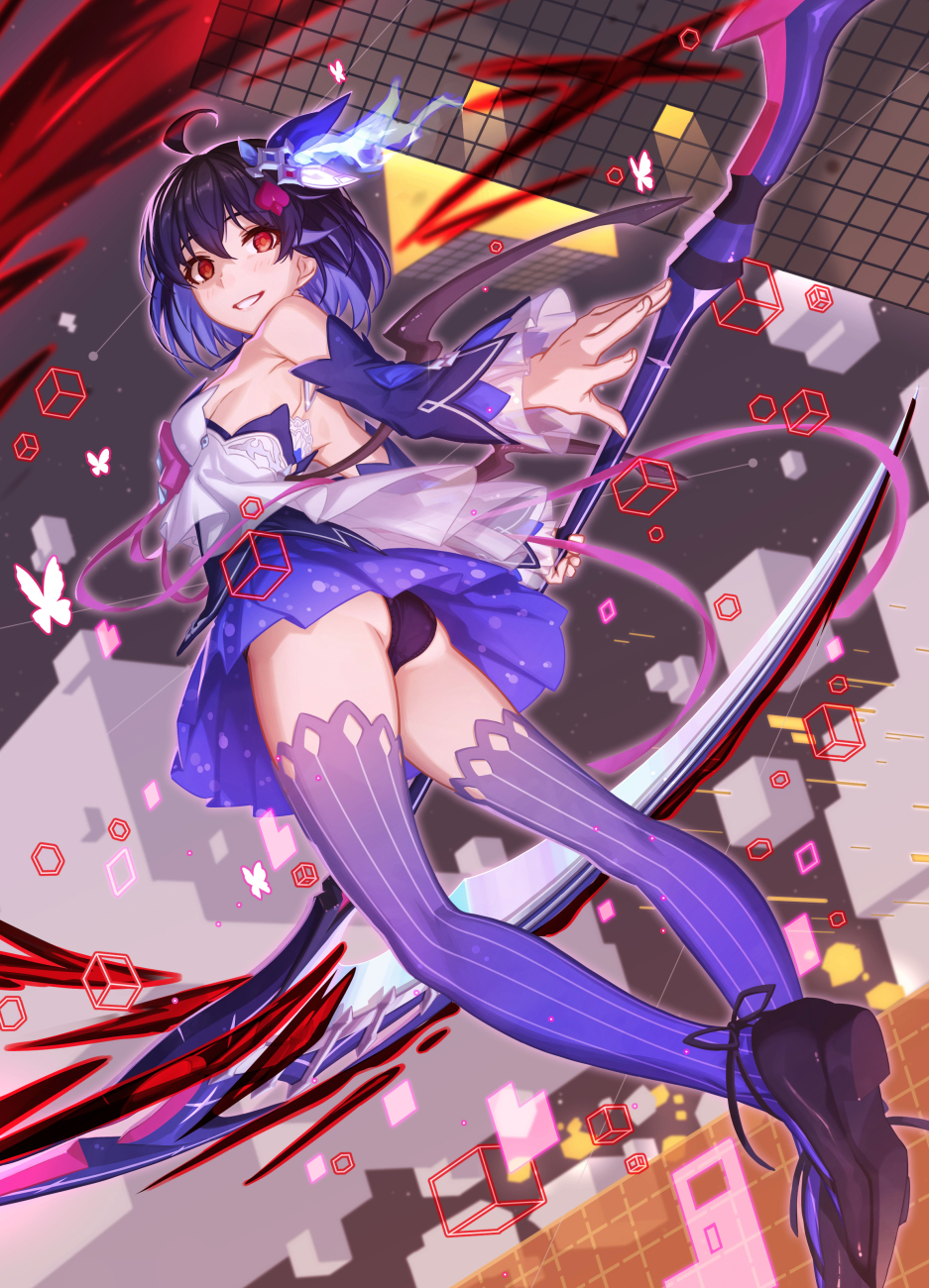1girl ahoge armpits ass bare_shoulders black_hair blue_footwear blue_hair blue_legwear blue_panties blue_skirt blush bug butterfly commentary_request detached_sleeves from_below gradient_hair grin hair_between_eyes hair_ornament highres holding holding_scythe honkai_(series) honkai_impact_3rd insect looking_at_viewer m-ya multicolored_hair panties pantyshot pantyshot_(standing) pleated_skirt purple_ribbon red_eyes ribbon scythe seele_vollerei short_hair skirt smile solo standing thigh-highs underwear upskirt virtual_reality
