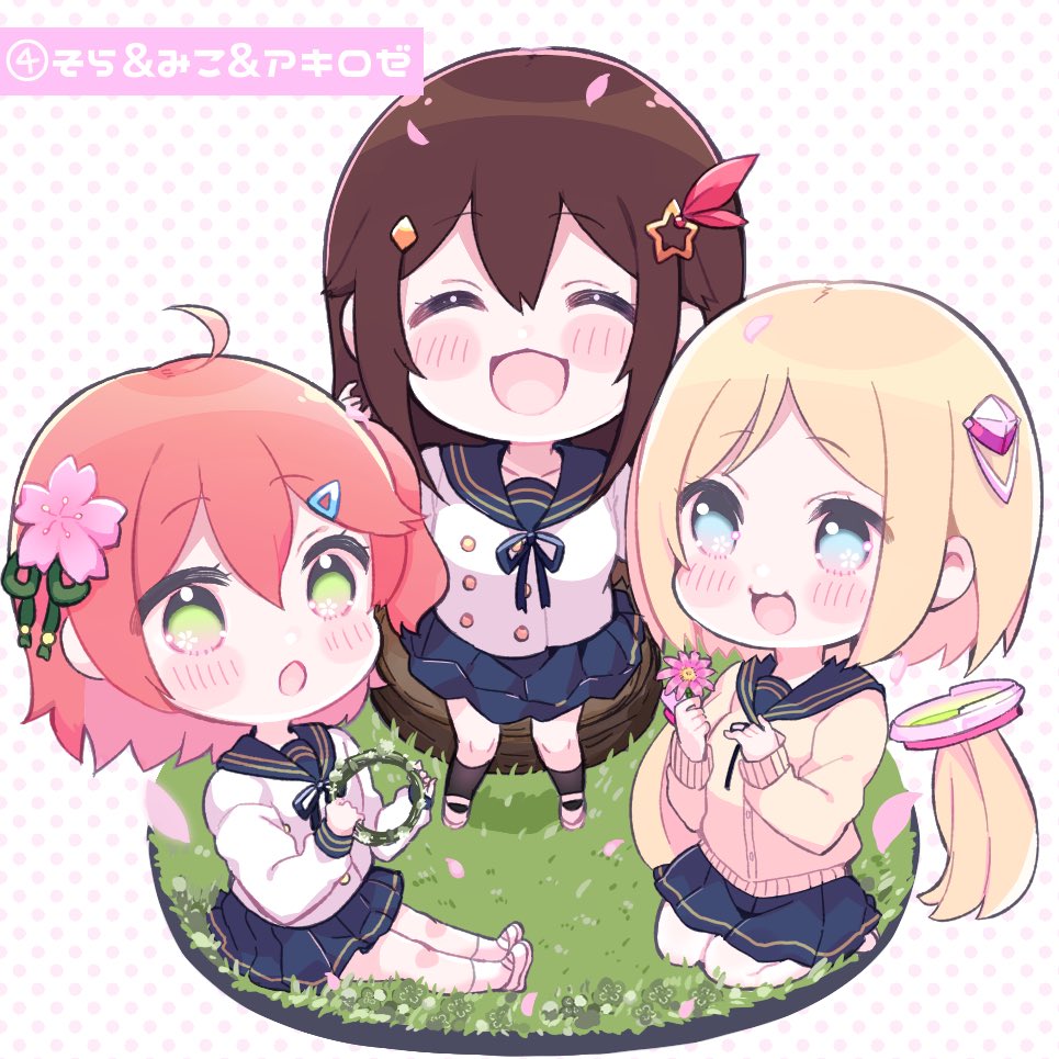 3girls :3 ahoge aki_rosenthal alternate_costume blonde_hair blue_eyes blush brown_hair buttons cherry_blossoms chibi closed_eyes eyebrows_visible_through_hair flower grass green_eyes hair_ornament hairclip knees long_sleeves multiple_girls noyama_(noyama8888) petals pink_hair sakura_miko school_uniform seiza sitting skirt socks star tokino_sora tokino_sora_channel twintails