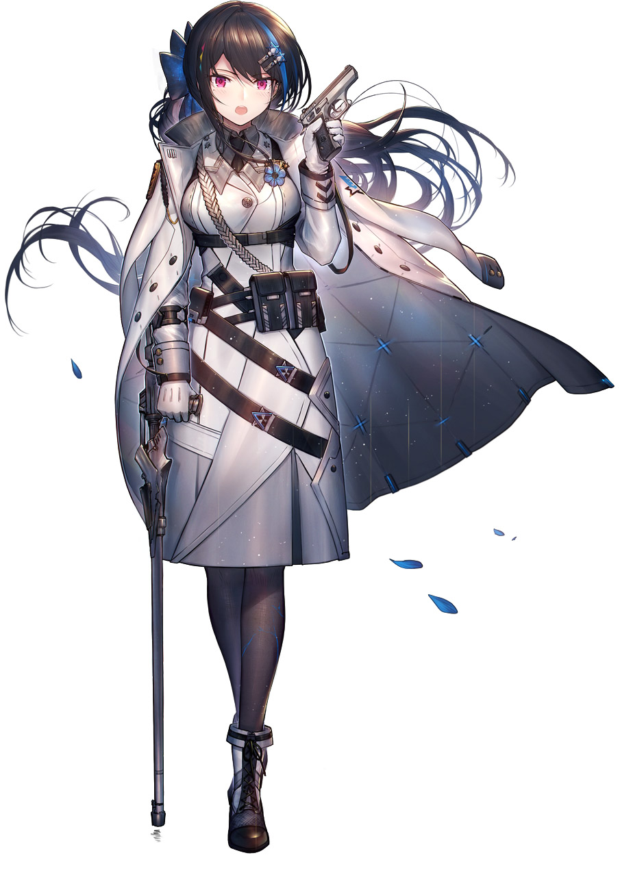 1girl bangs black_hair black_legwear black_neckwear blue_bow blue_hair blush boots bow breasts cane collared_shirt cross-laced_footwear eyebrows_visible_through_hair floating_hair full_body girls_frontline gloves grey_shirt gun hair_between_eyes hair_bow hair_ornament handgun heiwari_kanade highres holding holding_umbrella jacket jacket_on_shoulders jericho_(girls_frontline) lace-up_boots long_hair long_sleeves looking_at_viewer medium_breasts multicolored_hair necktie open_mouth pantyhose petals pistol shirt simple_background solo standing two-tone_hair umbrella v-shaped_eyebrows very_long_hair violet_eyes weapon white_background white_coat white_footwear white_gloves white_jacket