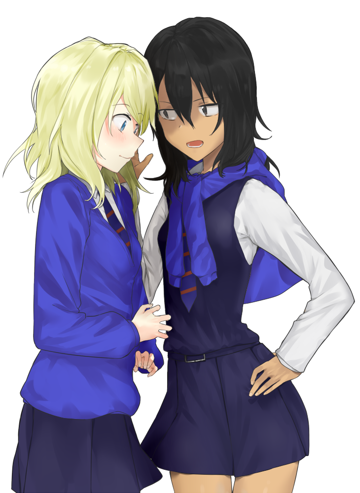 2girls bangs black_hair blonde_hair blue_eyes blue_sweater blush brown_eyes crow_monet dark_skin face-to-face girls_und_panzer hand_on_hip hand_up looking_at_another looking_down medium_hair multiple_girls necktie open_mouth simple_background skirt smile sweater sweater_around_neck teeth thighs tongue vest white_background yuri