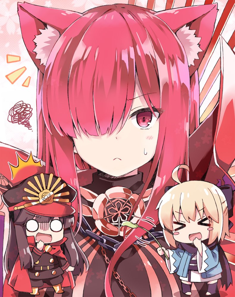 &gt;_&lt; /\/\/\ 3girls :&lt; ahoge animal_ears black_hair blonde_hair blush_stickers cape cat_ears cat_teaser chibi commentary_request fate/grand_order fate_(series) hair_over_one_eye haori hat japanese_clothes kemonomimi_mode koha-ace long_hair multiple_girls o_o oda_nobunaga_(fate) oda_nobunaga_(maou_avenger)_(fate) okita_souji_(fate) okita_souji_(fate)_(all) peaked_cap red_eyes redhead rioshi scarf shaded_face squiggle