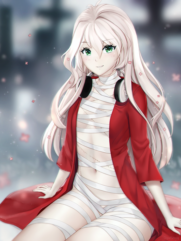 1girl bandages blurry blurry_background blush breasts coat floating_hair gigamessy green_eyes hair_between_eyes hair_ornament headphones headphones_around_neck long_hair long_sleeves looking_at_viewer naked_bandage navel open_clothes open_coat original parted_lips red_coat silver_hair sitting small_breasts smile solo star very_long_hair white_skin