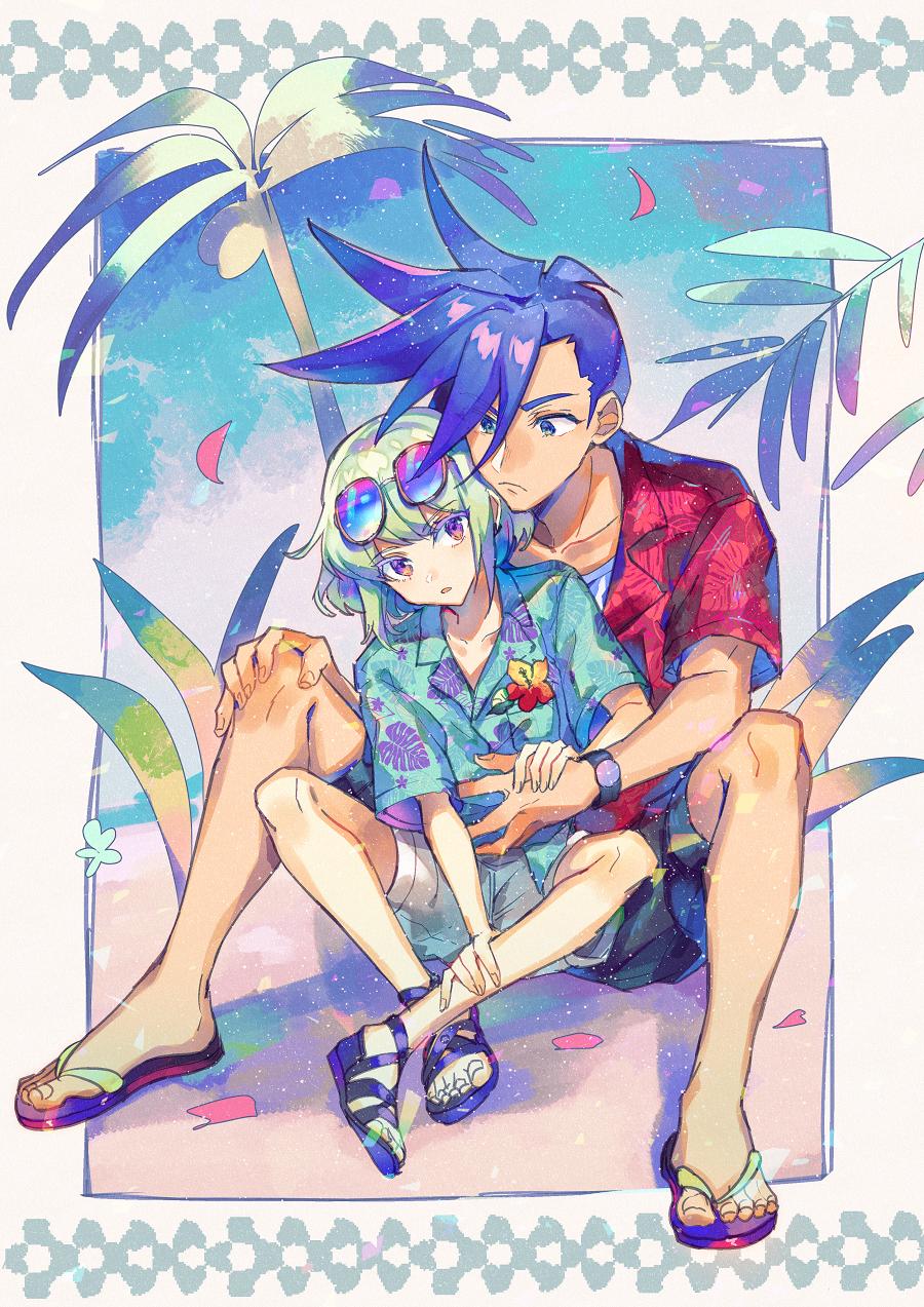 beach blue_hair eyewear_on_head flip-flops flower galo_thymos green_hair hawaiian_shirt highres lio_fotia male_focus onko open_mouth palm_tree pants promare sandals shirt sitting spiky_hair tree tropical violet_eyes watch watch