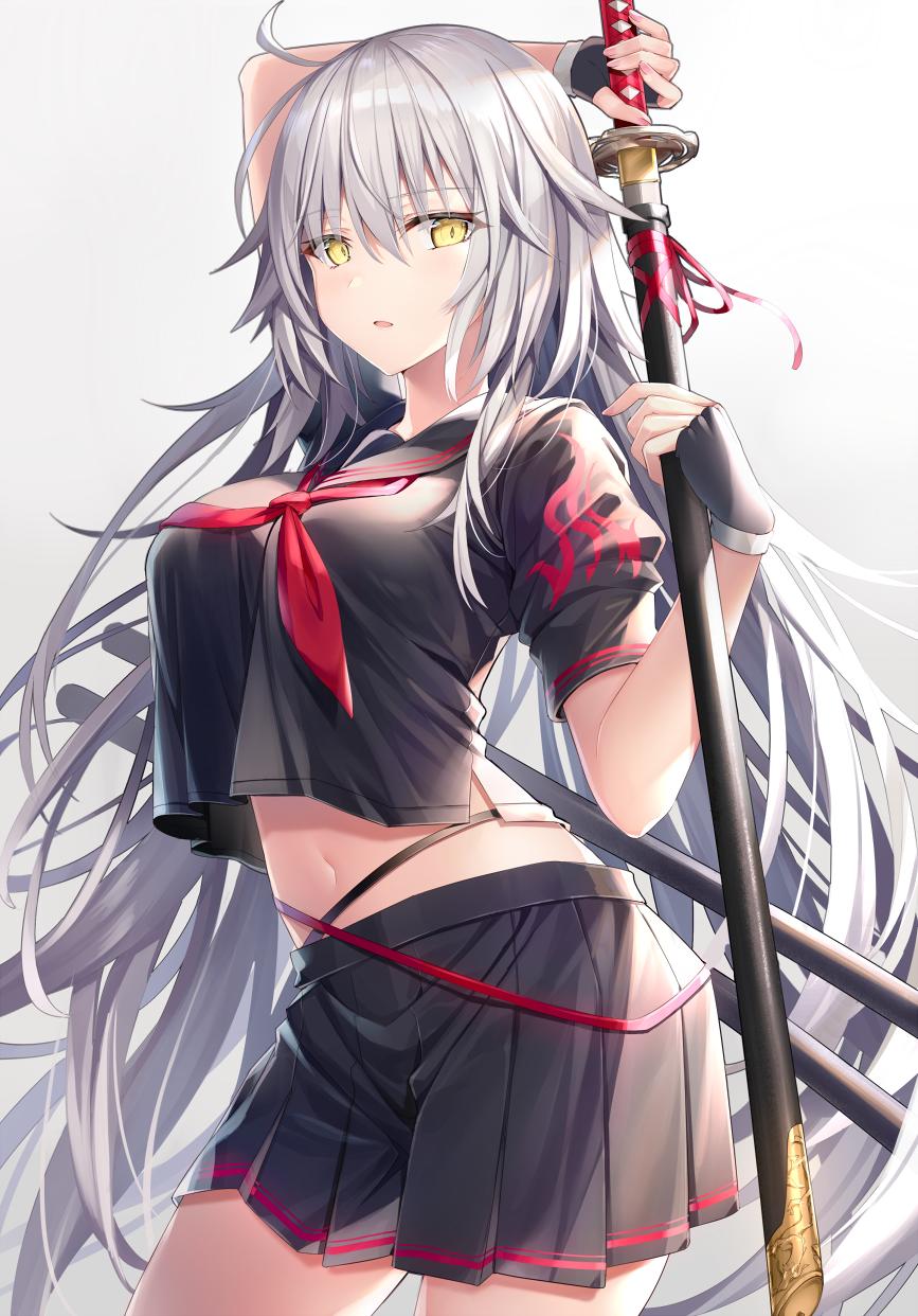 1girl ahoge bangs black_gloves black_serafuku black_shirt black_skirt blush breasts crop_top crop_top_overhang fate/grand_order fate_(series) fingerless_gloves gloves hair_between_eyes highres jeanne_d'arc_(alter)_(fate) jeanne_d'arc_(fate)_(all) katana large_breasts long_hair looking_at_viewer navel open_mouth pleated_skirt red_neckwear rin_yuu sailor_collar school_uniform serafuku shirt short_sleeves silver_hair skirt solo sword thighs very_long_hair weapon white_background yellow_eyes