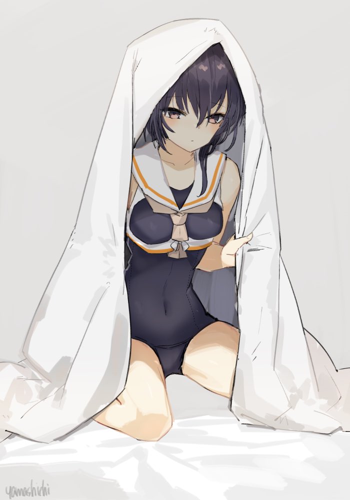 1girl asymmetrical_hair bangs bed black_hair blanket blush breasts covered_navel crop_top eyebrows_visible_through_hair framed_breasts grey_background hair_between_eyes i-13_(kantai_collection) kantai_collection navel one-piece_swimsuit sailor_collar school_swimsuit short_hair signature simple_background sitting solo swimsuit white_sailor_collar yamashiki_(orca_buteo)