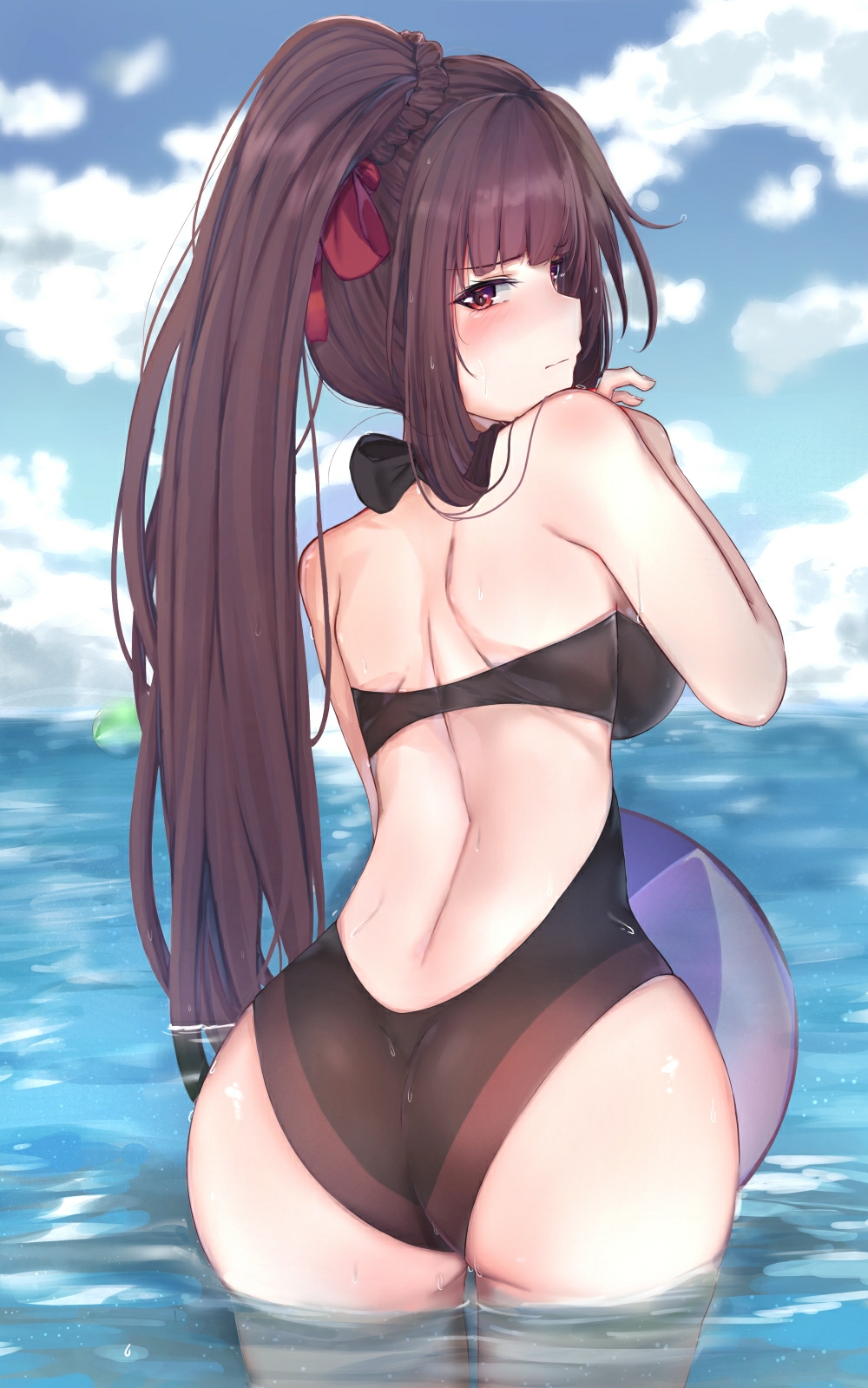 1girl ass ball bangs bare_shoulders beachball black_swimsuit blue_sky blunt_bangs blush braid breasts closed_mouth clouds cloudy_sky day girls_frontline hair_ribbon halterneck hands_up highres jjkl9195 large_breasts legs_apart long_hair looking_at_viewer looking_back ocean outdoors profile purple_hair red_eyes red_ribbon ribbon shiny shiny_skin shoulder_blades side_ponytail sidelocks sky solo swimsuit wa2000_(girls_frontline) wading water wet wet_clothes wet_hair wet_swimsuit