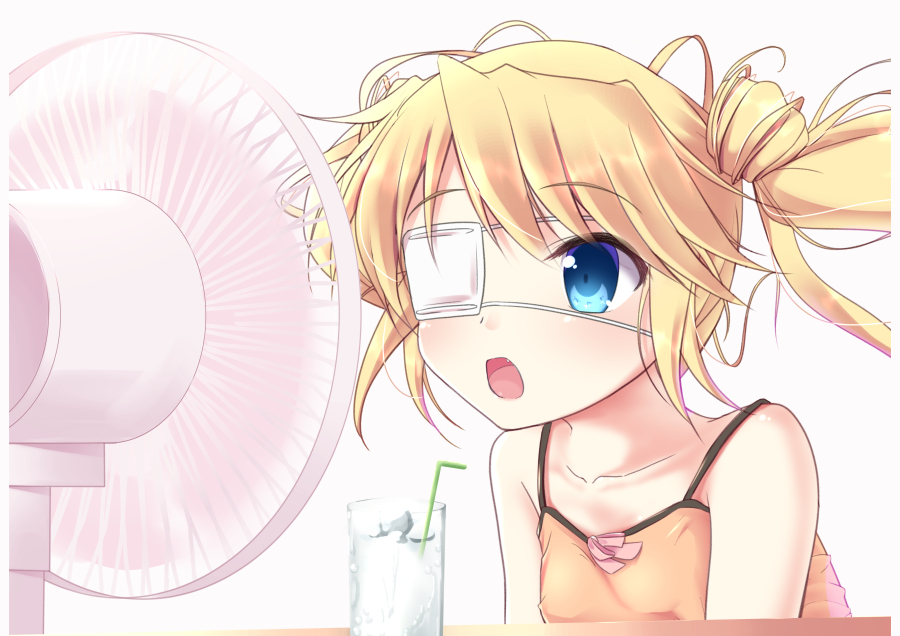 1girl blonde_hair blue_eyes collarbone drinking_straw electric_fan eyepatch floating_hair long_hair nakatsu_shizuru open_mouth orange_shirt rewrite shirt simple_background sleeveless sleeveless_shirt solo tagame_(tagamecat) twintails upper_body ventilator white_background