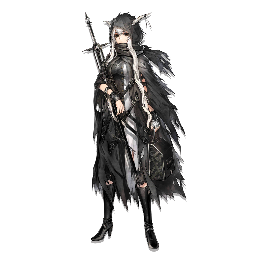 1girl arknights bangs black_dress black_eyes black_footwear black_scarf boots buttons cloak dress eyebrows_visible_through_hair full_body hair_between_eyes high_heel_boots high_heels holding holding_staff hood hood_up hooded_cloak horns jewelry knee_boots knee_pads long_hair looking_at_viewer multiple_straps necklace official_art ryuuzaki_ichi scarf shining_(arknights) sidelocks solo staff tachi-e torn_cloak torn_clothes transparent_background two-tone_dress very_long_hair white_dress white_hair wrist_wrap