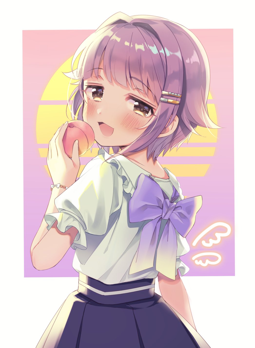 1girl :d bangs blue_skirt blush bow brown_eyes commentary_request eyebrows_visible_through_hair food fruit hair_flaps hair_ornament hairclip highres holding holding_food idolmaster idolmaster_cinderella_girls kanda_done koshimizu_sachiko looking_at_viewer looking_back open_mouth peach pleated_skirt puffy_short_sleeves puffy_sleeves purple_bow purple_hair shirt short_hair short_sleeves skirt smile solo white_shirt