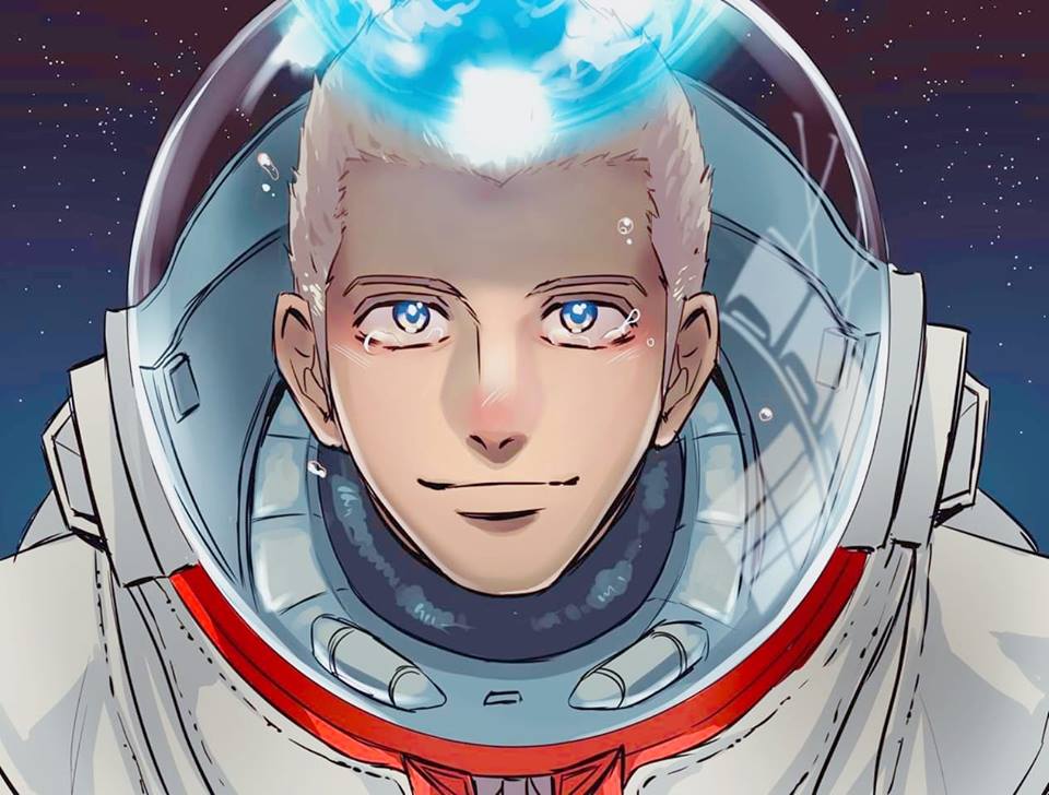 1boy astronaut blue_eyes helmet kurokiseow looking_at_viewer male_focus nanba_hibito portrait smile solo space spacesuit tears uchuu_kyoudai white_hair