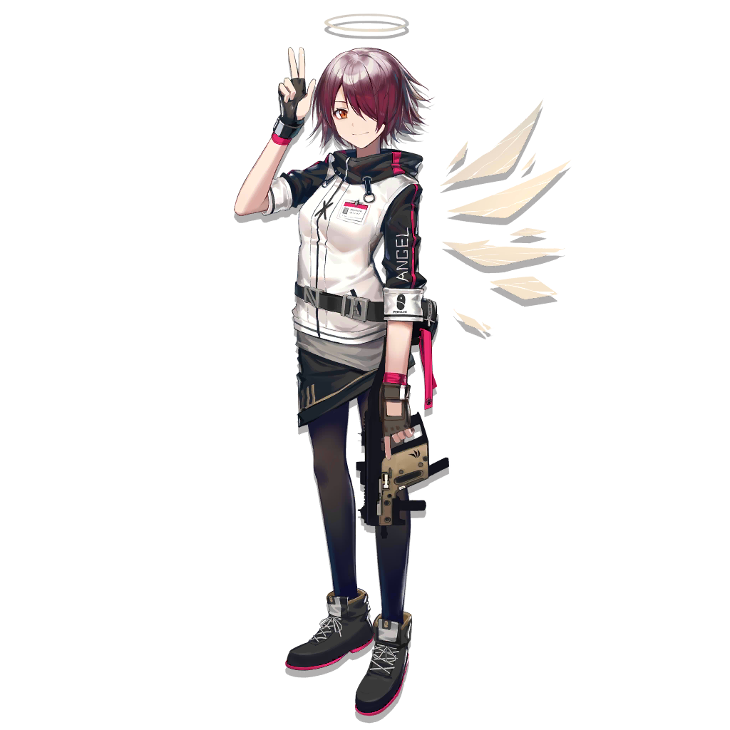 1girl arknights bangs belt black_footwear black_gloves black_hair black_legwear black_skirt boots breasts clothes_writing cross-laced_footwear energy_wings exusiai_(arknights) fingerless_gloves full_body gloves grey_shirt gun hair_over_one_eye halo holding holding_gun holding_weapon hood hood_down hooded_jacket huanxiang_heitu jacket kriss_vector lace-up_boots long_sleeves looking_at_viewer multicolored_hair name_tag official_art pantyhose pouch purple_hair redhead shirt short_hair sidelocks skirt smile solo standing submachine_gun tachi-e transparent_background trigger_discipline w weapon white_jacket