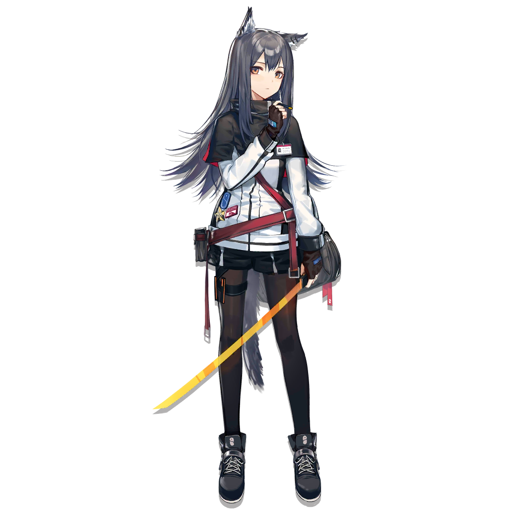 1girl animal_ear_fluff animal_ears arknights bag bangs black_capelet black_footwear black_gloves black_legwear black_shorts boots breasts brown_eyes capelet closed_mouth earrings energy_sword expressionless fingerless_gloves full_body gloves grey_hair hair_between_eyes holding holding_sword holding_weapon huanxiang_heitu jacket jewelry long_hair looking_at_viewer medium_breasts multiple_earrings multiple_straps official_art pantyhose pouch short_shorts shorts shoulder_bag sidelocks solo sword tachi-e tail texas_(arknights) thigh_strap transparent_background weapon white_jacket wolf_ears wolf_tail