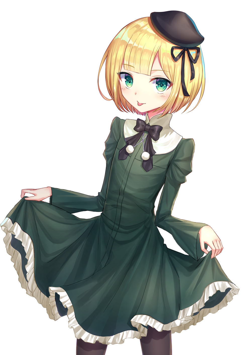 1girl bangs beret black_bow black_headwear black_legwear black_ribbon blonde_hair blunt_bangs blush bow closed_mouth dress eyebrows_visible_through_hair fate_(series) frilled_dress frills green_dress green_eyes hair_ribbon hat highres juliet_sleeves long_sleeves looking_at_viewer lord_el-melloi_ii_case_files mini_hat pantyhose pom_pom_(clothes) puffy_sleeves reines_el-melloi_archisorte ribbon seungju_lee short_hair simple_background skirt_hold solo tilted_headwear tongue tongue_out white_background