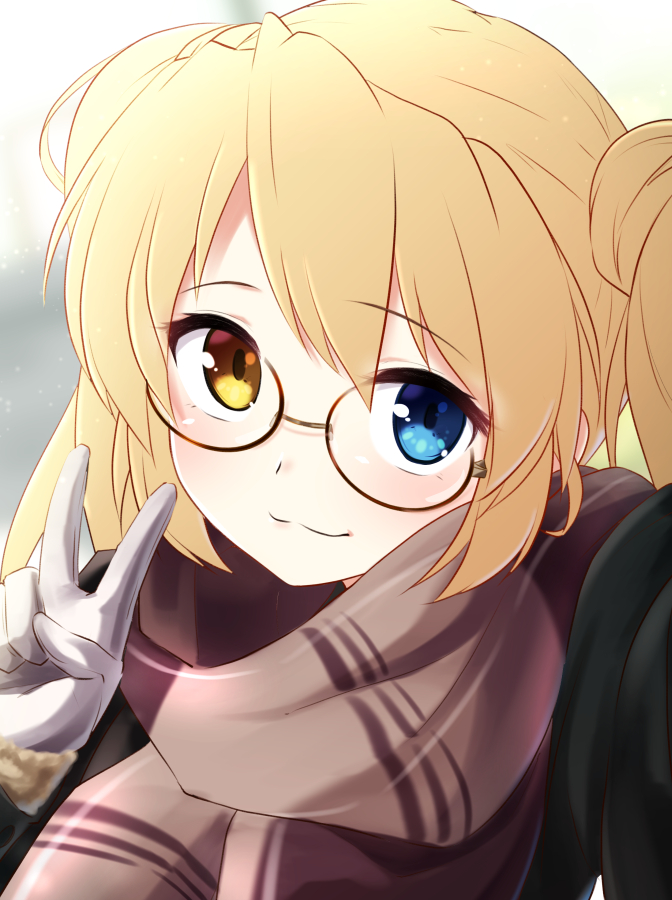 1girl :3 blonde_hair blue_eyes brown_scarf closed_mouth eyebrows_visible_through_hair gloves hair_between_eyes heterochromia long_hair looking_at_viewer nakatsu_shizuru portrait rewrite scarf solo tagame_(tagamecat) v white_gloves yellow_eyes